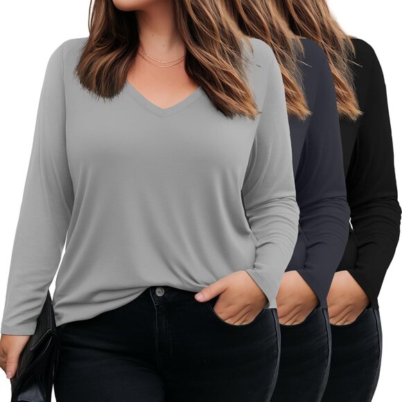 Fashionable Plus Size Long Sleeve V-Neck T-Shirts - 3 Pack Essentials - Picture 1 of 6